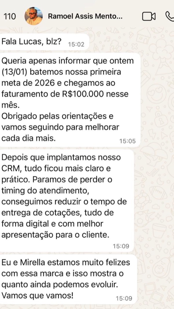 Depoimento de Ramoel Assis: primeira meta de 2026 batida com R$ 100 mil no mês após implantar o CRM
